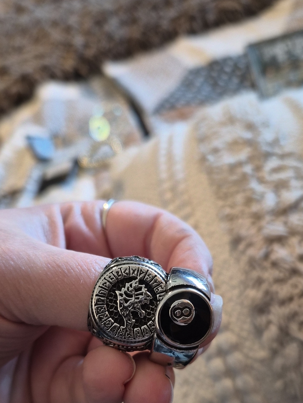 Stainless Steel Lot of 2 Black Eight Ball and Norse Men's Rings